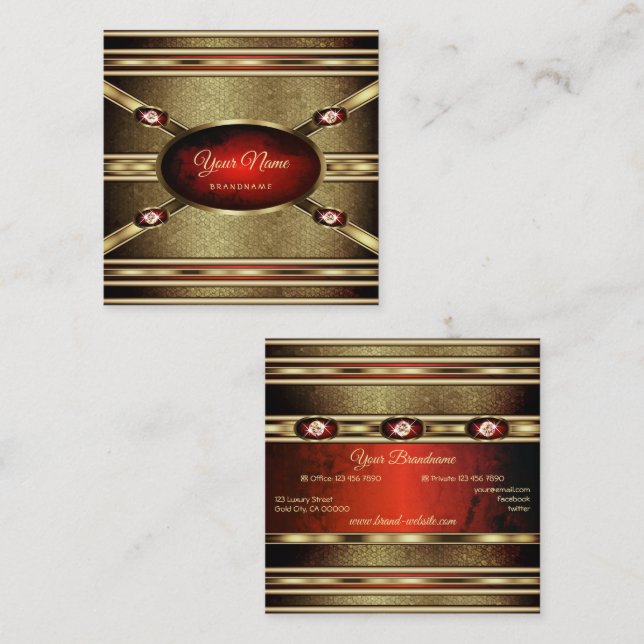 Carte De Visite Carré Luxueux Gold Effects Marbre Rouge Faux Rhinestones (Devant / Derrière)