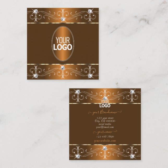 Carte De Visite Carré Luxueux ornements Orange Brown avec logo (Devant / Derrière)
