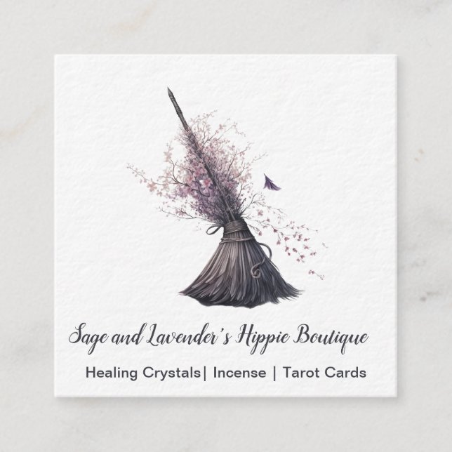 Carte De Visite Carré Magick Sorcière Broom Printemps fleurs (Devant)