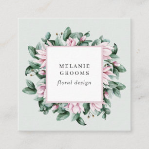 Carte De Visite Carré Magnolia et Eucalyptus cadre floral gris clair