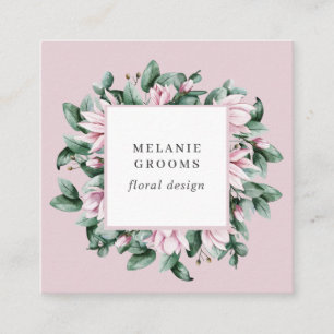 Carte De Visite Carré Magnolia et Eucalyptus cadre floral rose