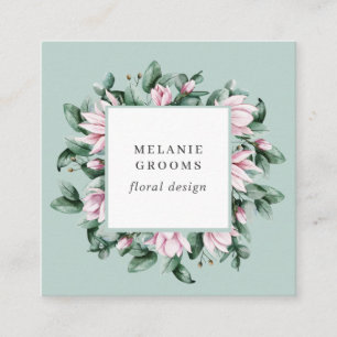 Carte De Visite Carré Magnolia et Eucalyptus cadre floral sauge vert