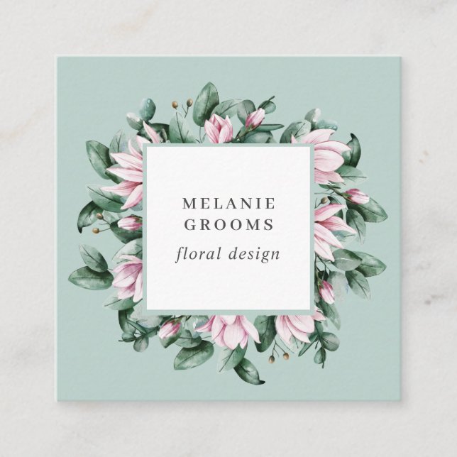 Carte De Visite Carré Magnolia et Eucalyptus cadre floral sauge vert (Devant)