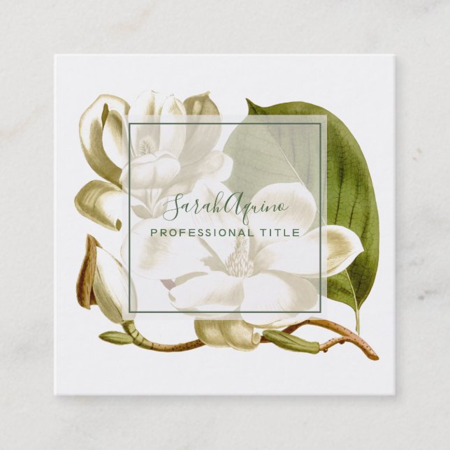 Carte De Visite Carré Magnolias blanc Monogramme Floral (Devant)