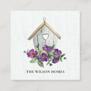 CARTE DE VISITE CARRÉ MAISON D'OISEAUX FLORALE EN BOIS BLANC RÉALISANT 