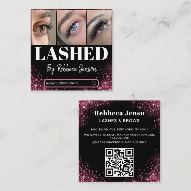 Carte De Visite Carré Makeup Artist Eyelash Lashes Pink Glitter script  (Devant / Derrière)