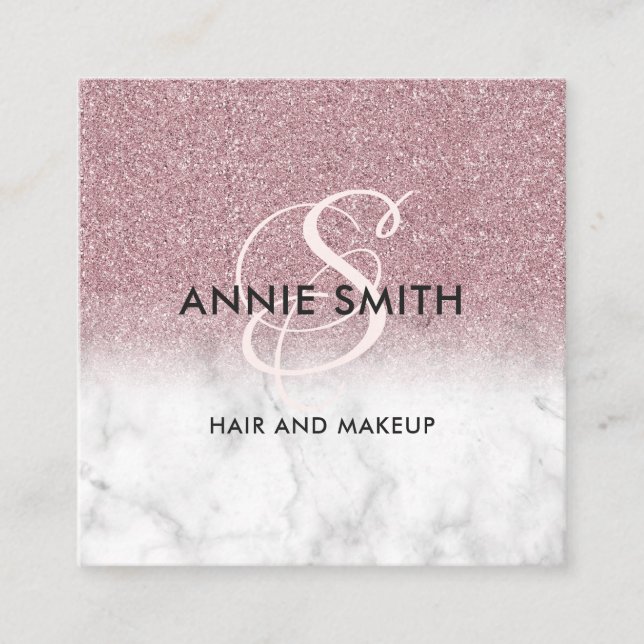 Carte De Visite Carré Makeup Marble Rose Gold Glitter Monogram QR (Devant)