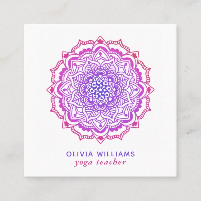 Carte De Visite Carré Mandala Boho violet rose Yoga blanc frais (Devant)