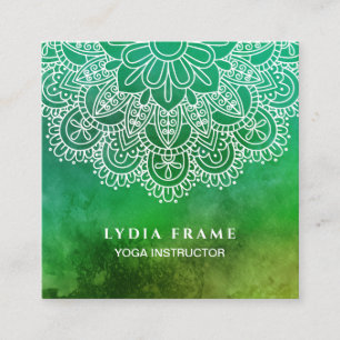 Carte De Visite Carré Mandala d'aquarelle de vert d'instructeur de yoga