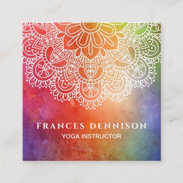Carte De Visite Carré Mandala d'aquarelle d'instructeur de yoga (Devant)