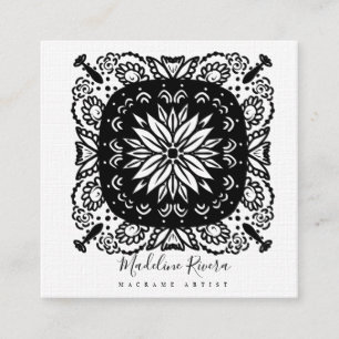 Carte De Visite Carré Mandala de yoga floral noir et blanc