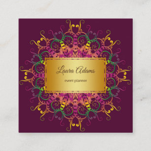 Carte De Visite Carré Mandala floral ethnique. Cadre d'or