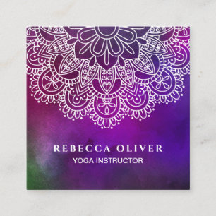 Carte De Visite Carré Mandala pourpre d'aquarelle d'instructeur de yoga