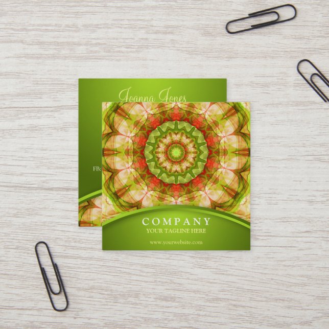 Carte De Visite Carré Mandala rouge et vert de pommes (Devant/Arrière en situation)
