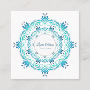 Carte De Visite Carré mandala turquoise ethnique. Texte