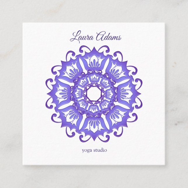 Carte De Visite Carré Mandala violet floral. Texte (Devant)