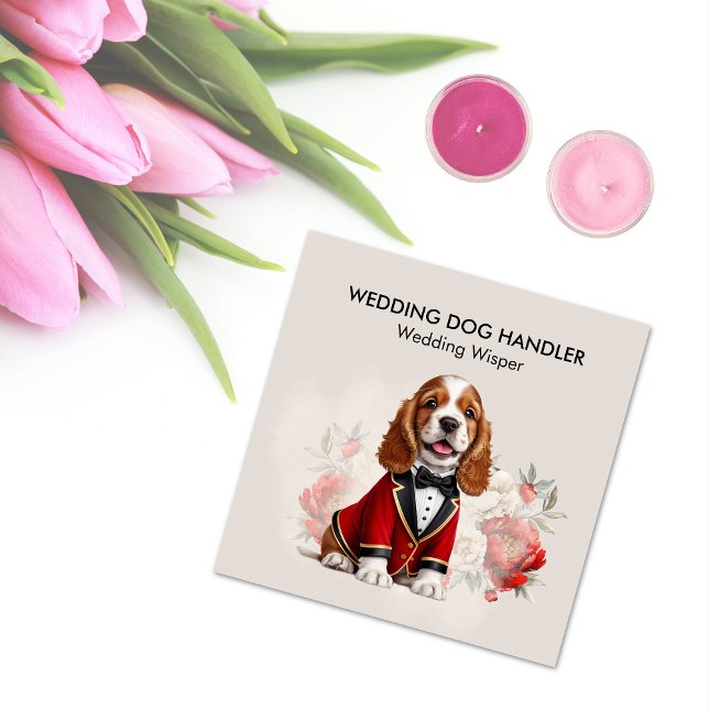 Carte De Visite Carré Manipulateur De Chien De Mariage Élégant Avec Fleu (Elegant Wedding Dog Handler With Wedding Flowers Square Business Card)