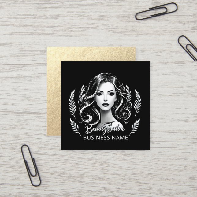 Carte De Visite Carré Maquillage Artiste Coiffure Stylo moderne Noir Bla (Devant/Arrière en situation)
