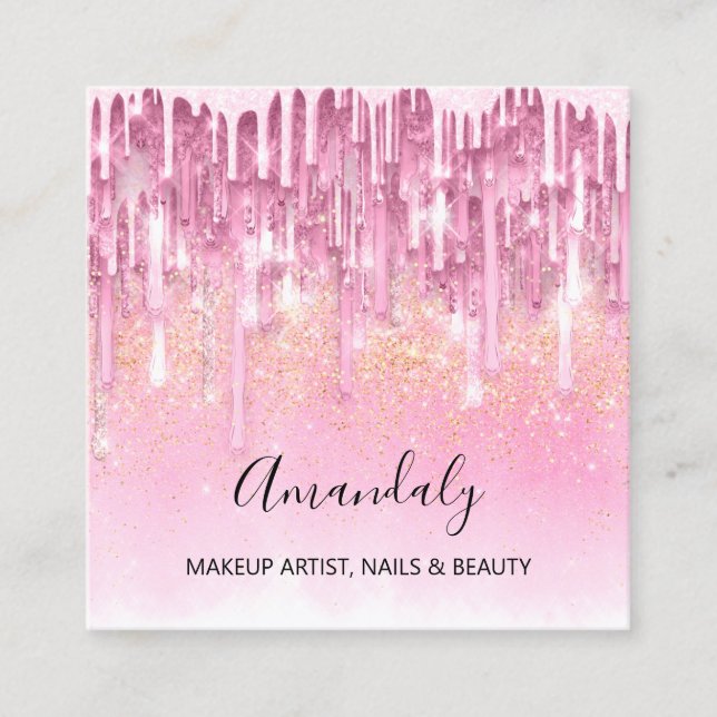 Carte De Visite Carré Maquillage Artiste Logo Rose Parties scintillant C (Devant)