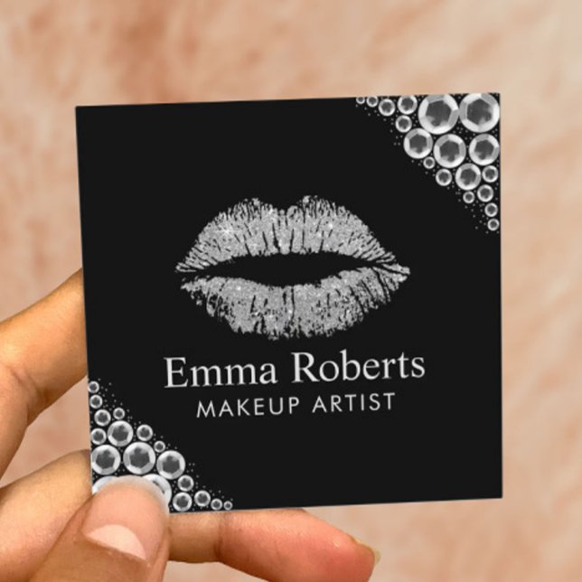 Carte De Visite Carré Maquillage Artiste Parties scintillant Argent Lips (Créateur téléchargé)