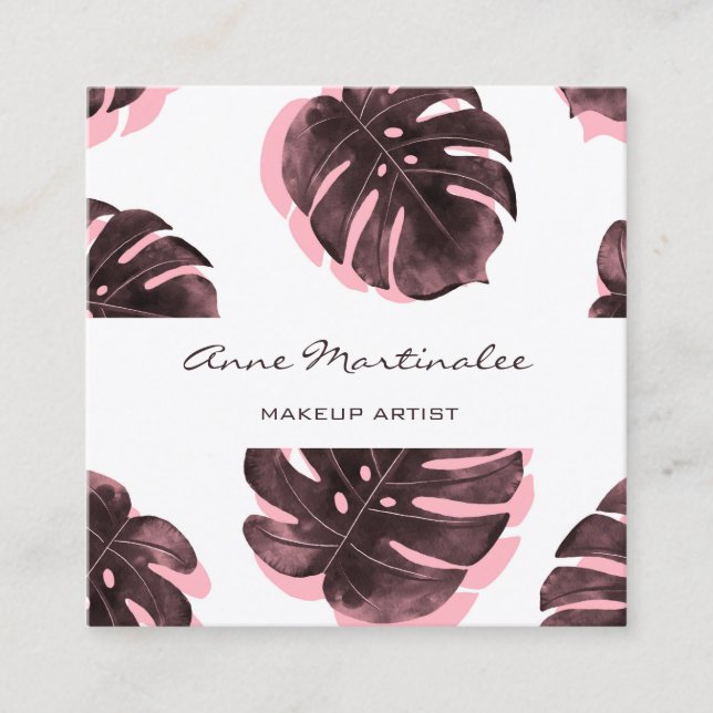 Carte De Visite Carré Maquillage Artiste Pink et Noir Feuille Monstera (Devant)