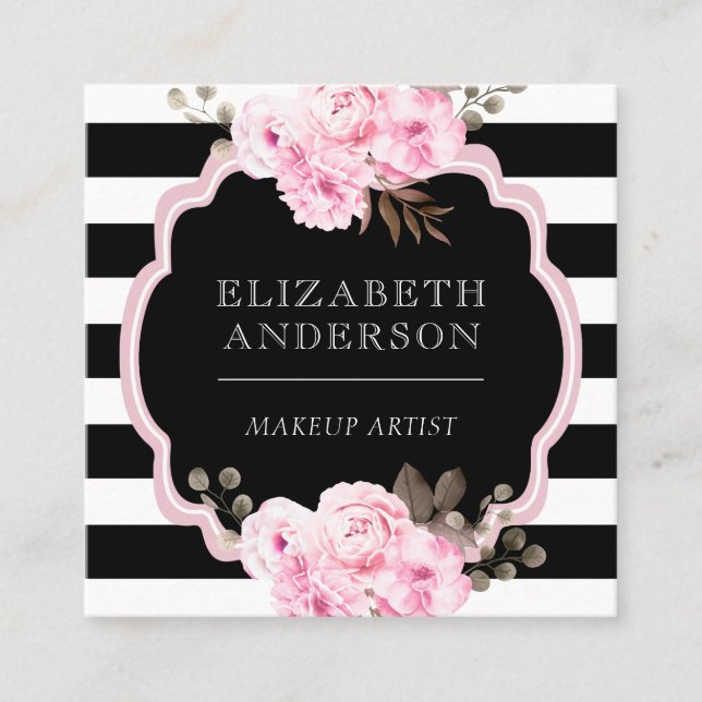 Carte De Visite Carré Maquillage Artiste rose Floral Noir Bande (Devant)