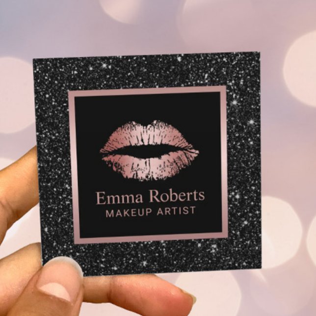 Carte De Visite Carré Maquillage Artiste Rose Gold Lips Black Parties sc (Créateur téléchargé)