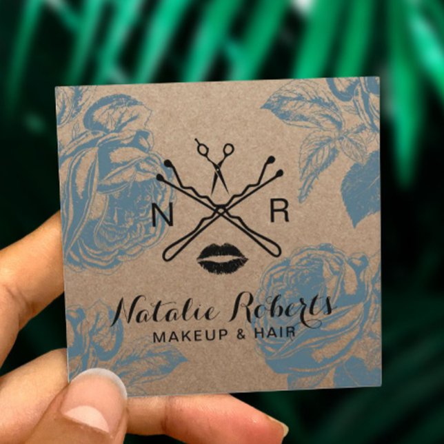 Carte De Visite Carré Maquillage Artiste Salon des cheveux Floral Rustiq (Créateur téléchargé)