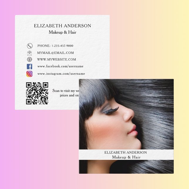 Carte De Visite Carré Maquillage cheveux photo code QR prime médias soci (Créateur téléchargé)