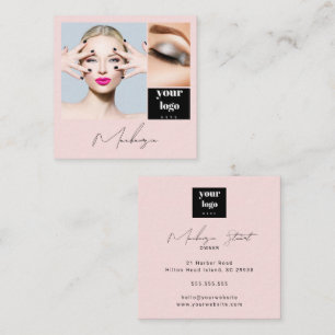 Carte De Visite Carré Maquillage photo élégant rose pastel noir Script 3