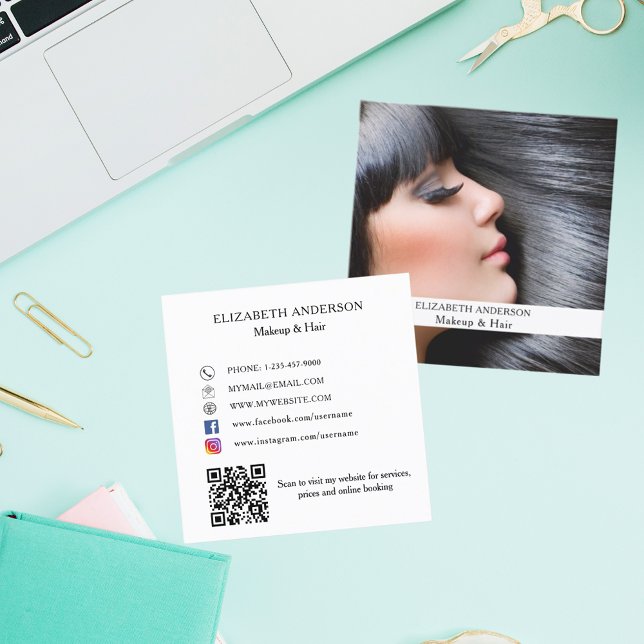 Carte De Visite Carré Maquillage photo QR code médias sociaux (Créateur téléchargé)