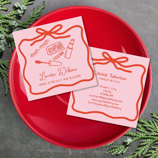 Carte De Visite Carré Maquillage Whimsical Artiste Rouge Rose Bow (red pink bow and makeup doodle)