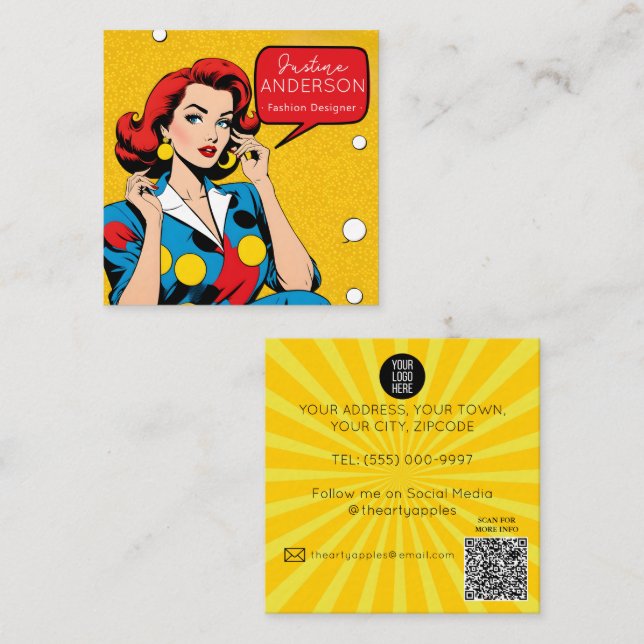 Carte De Visite Carré maquilleur Retro Pop Art Lady femme Wow (Devant / Derrière)