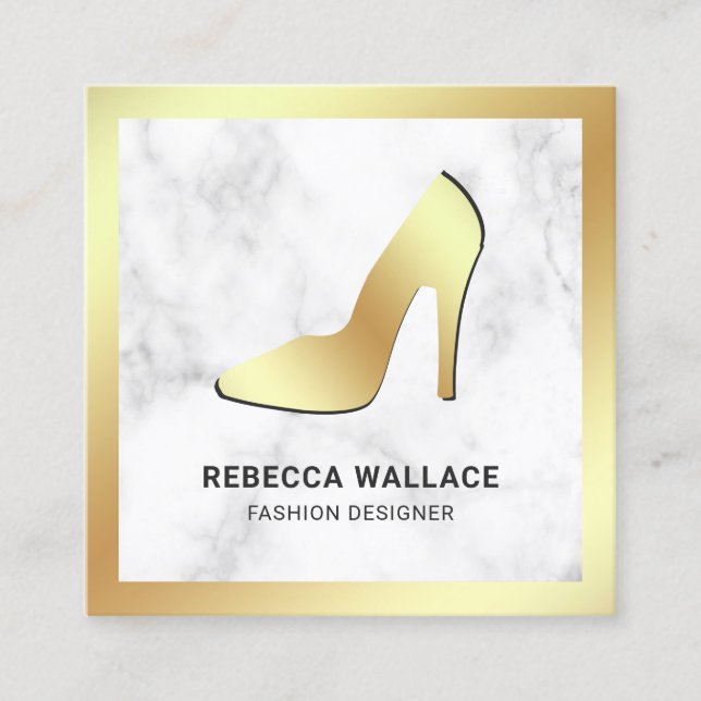 Carte De Visite Carré Marbre blanc Gold Foil haute talons Stilettos (Devant)