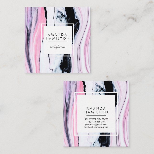 Carte De Visite Carré MARBRE BLANC noir élégant et moderne (Devant / Derrière)