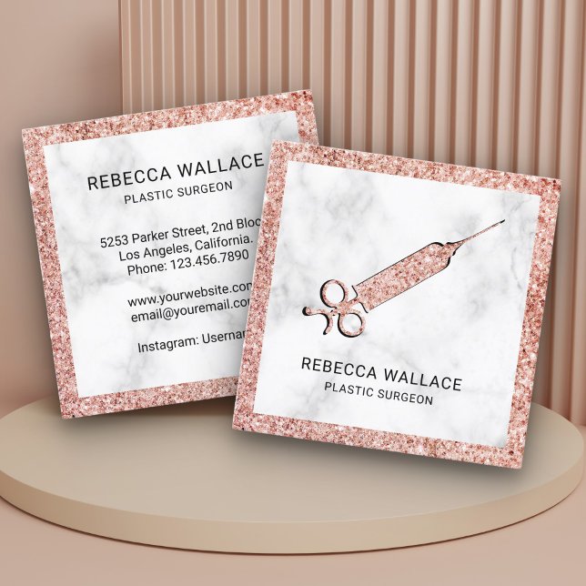 Carte De Visite Carré Marbre blanc Rose Gold Syringe Chirurgien plastiqu (Créateur téléchargé)