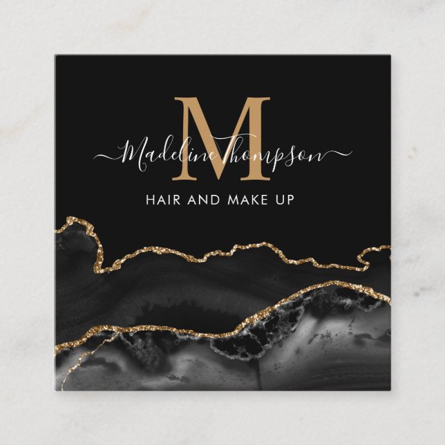 Carte De Visite Carré Marbre moderne Black Gold Photo QR Code Monogramme (Devant)