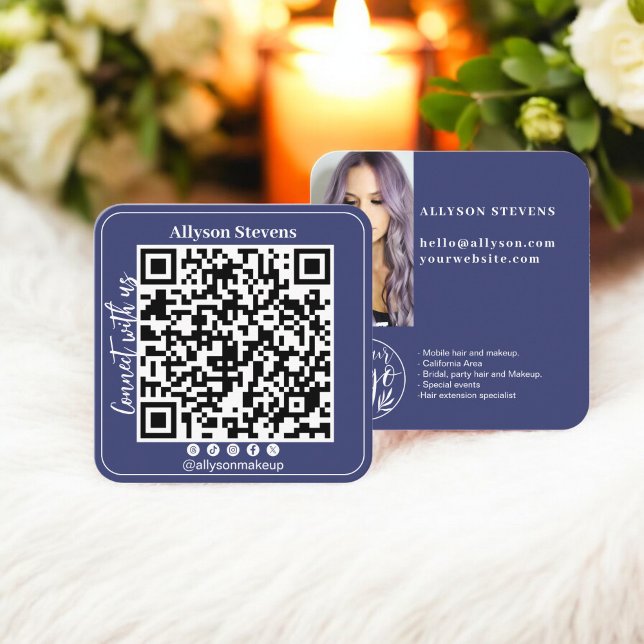 Carte De Visite Carré Marine bleu Social Media QR Code Photo Logo (Navy blue Social Media QR Code Photo Logo Square Business Card)