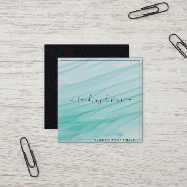 Carte De Visite Carré Marques en verre marin | Ocean Blue Watercolor (Devant/Arrière en situation)