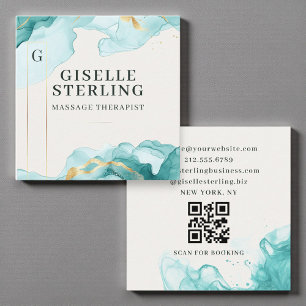 Carte De Visite Carré Massothérapeute Aquarelle bleue Turquoise Code QR