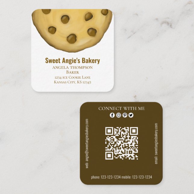 Carte De Visite Carré Me connecter | QR Code Simple Boulangerie Cookie (Devant / Derrière)