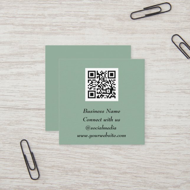 Carte De Visite Carré Médias sociaux QR Code scanner Sage vert (Devant/Arrière en situation)