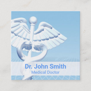 Carte De Visite Carré Médicale blanc 3D Caduceus Blue Design