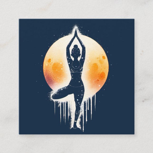 Carte De Visite Carré Méditation Yoga Instructeur Arbre Pose Pleine lune (Devant)