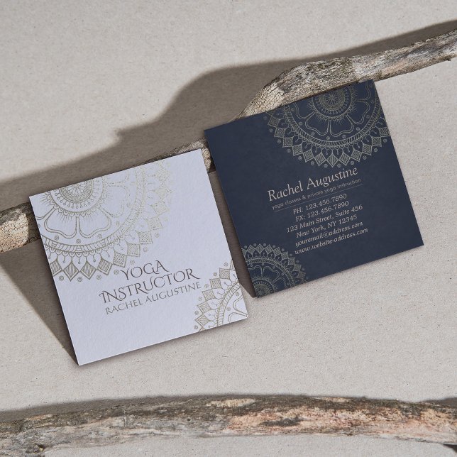 Carte De Visite Carré Méditation Yoga Instructeur Gold Mandala Marine Bl (Créateur téléchargé)