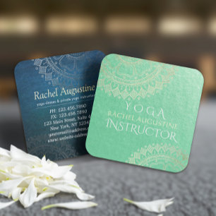 Carte De Visite Carré Méditation Yoga Instructeur Green Gold Foil Mandal