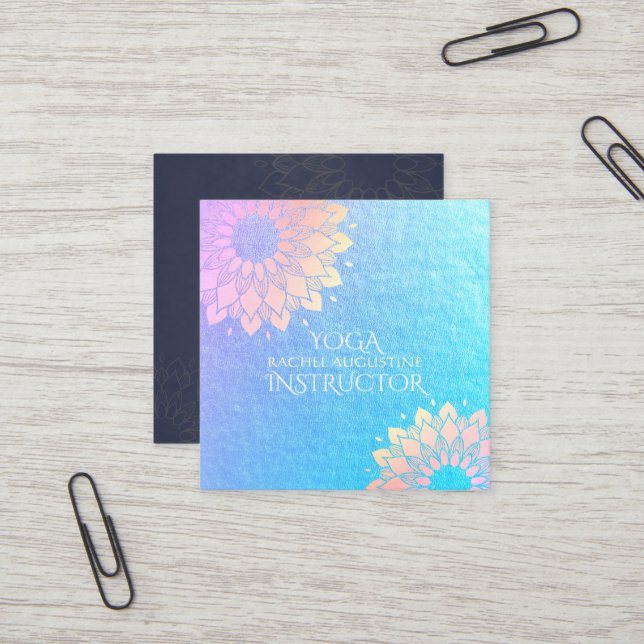 Carte De Visite Carré Méditation Yoga Instructeur Rose Gold Foil Mandala (Devant/Arrière en situation)