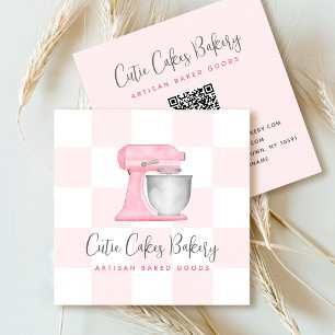 Carte De Visite Carré Mélangeur de cuisine Rose Pâle Code QR Damier Boul