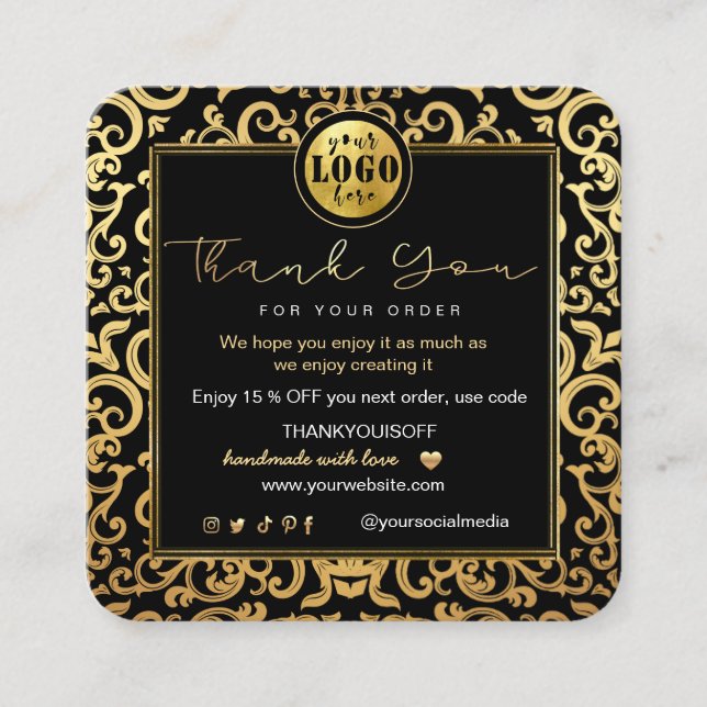 Carte De Visite Carré Merci Business Insertion Logo Gold Luxury Frame (Devant)