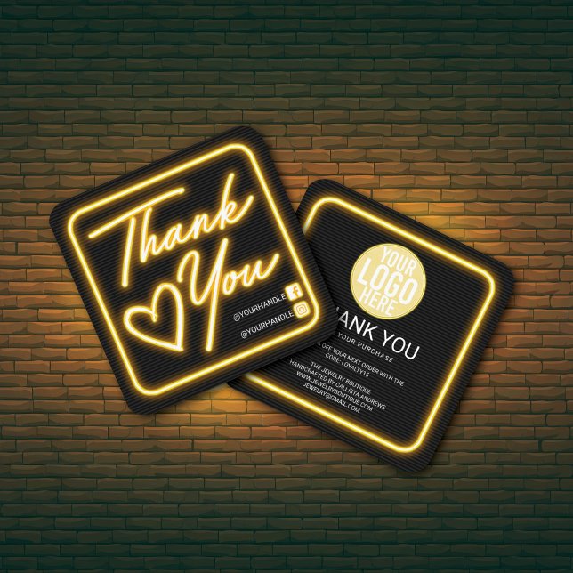 Carte De Visite Carré Merci client Retro Neon Yellow Lighted Signal (Créateur téléchargé)